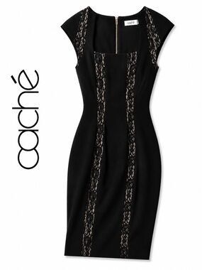 Cache Black Lace Panel Bodycon Dress NWT Size 0 Career Cocktail G